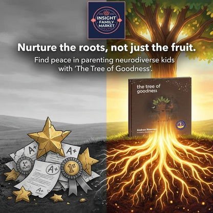 Split image showing award ribbons and grades on one side, and a glowing tree with deep roots and the book 'The Tree of Goodness' on the other, promoting positive parenting and neurodiversity support.