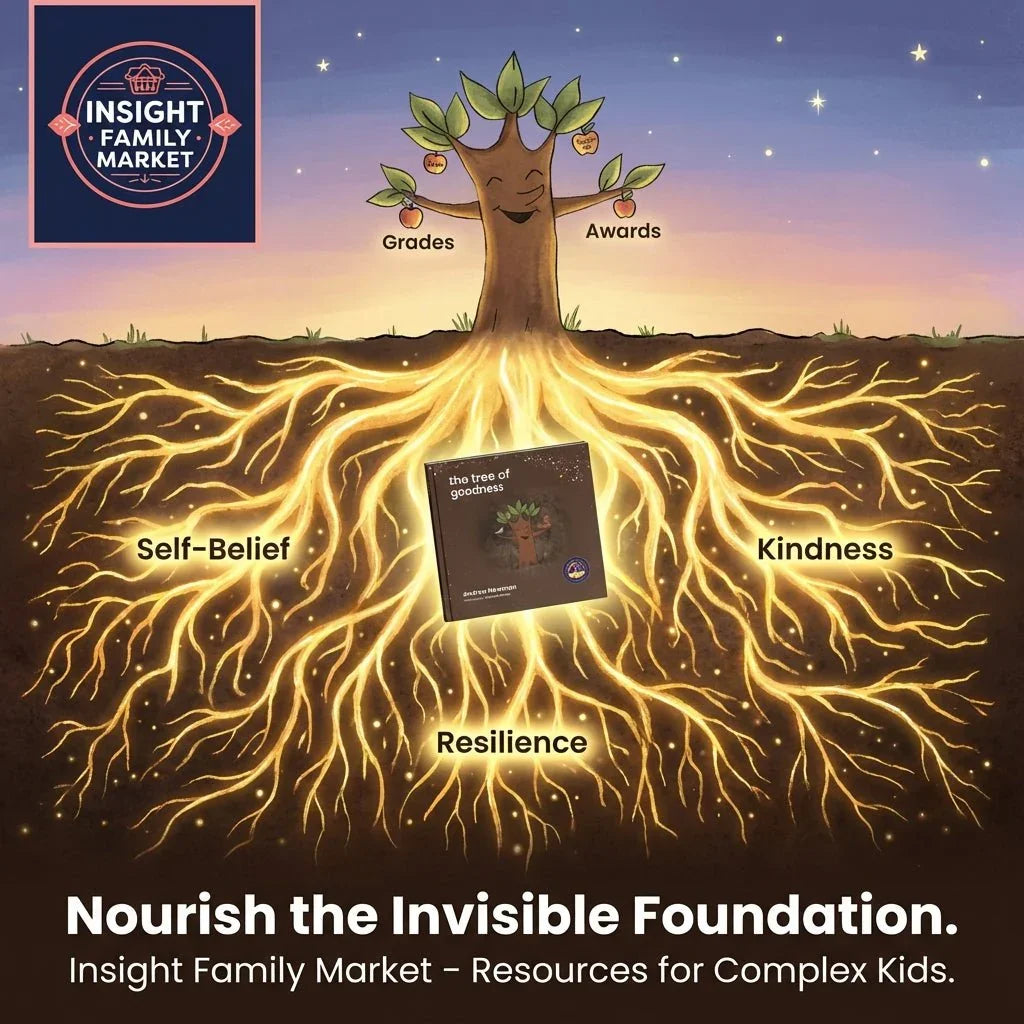 Illustrated tree with roots labeled self-belief, resilience, kindness, highlighting child strengths.