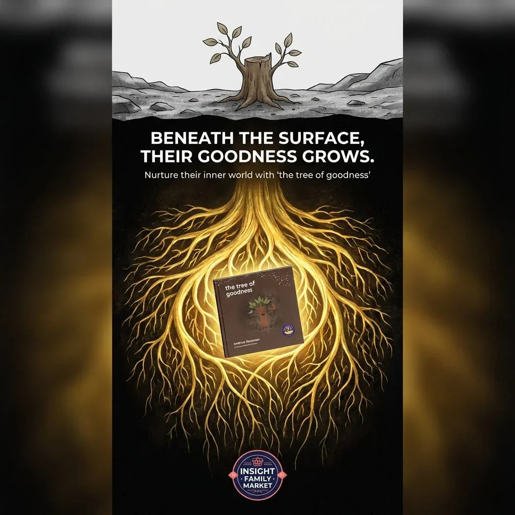 Illustration of a tree with golden roots and a book titled 'the tree of goodness' promoting child wellness and inner growth.