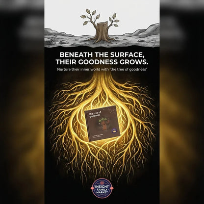 Illustration of a tree with golden roots and a book titled 'the tree of goodness' promoting child wellness and inner growth.