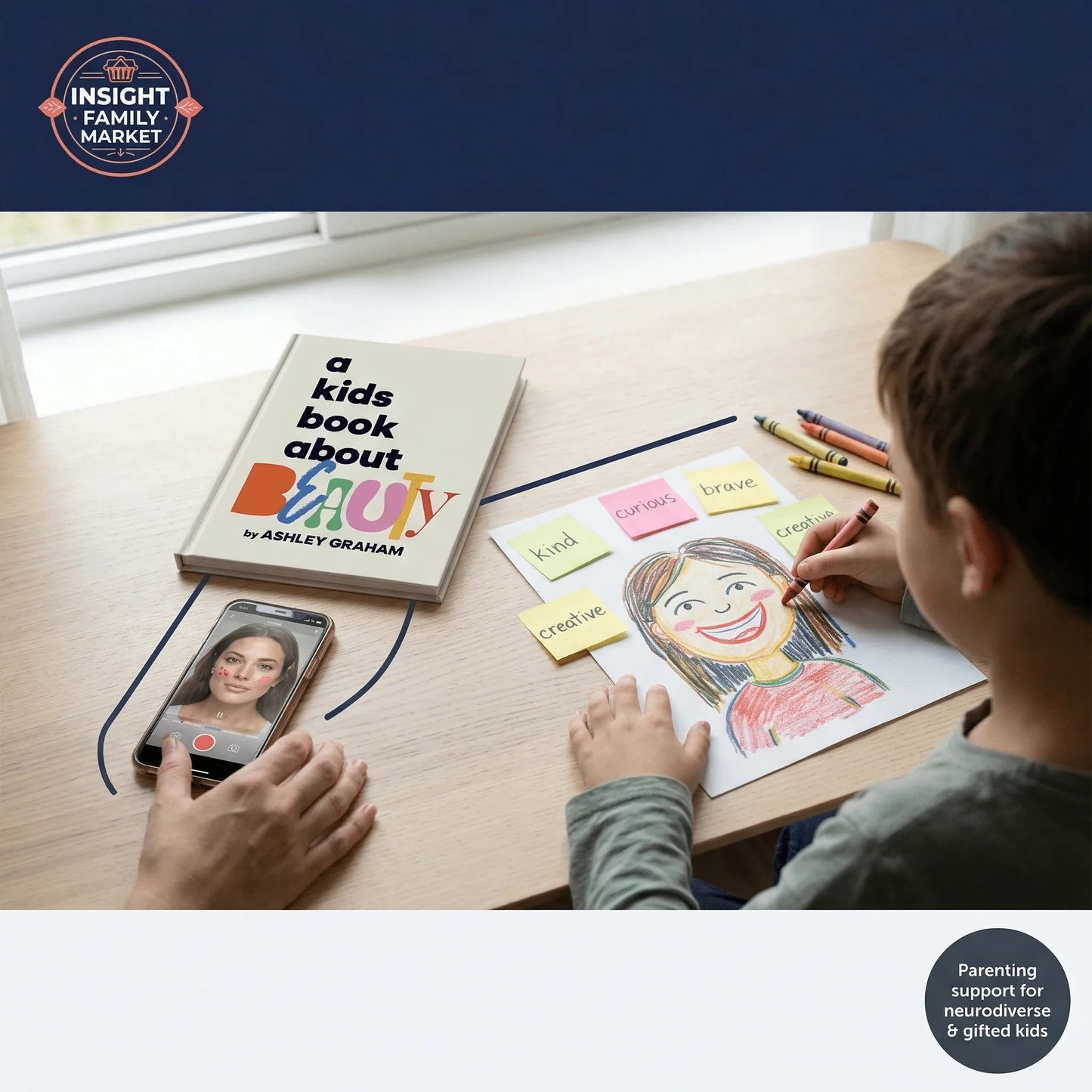 Child drawing a smiling face with positive note cards, book about beauty, and phone video call, supporting neurodiverse and gifted kids.