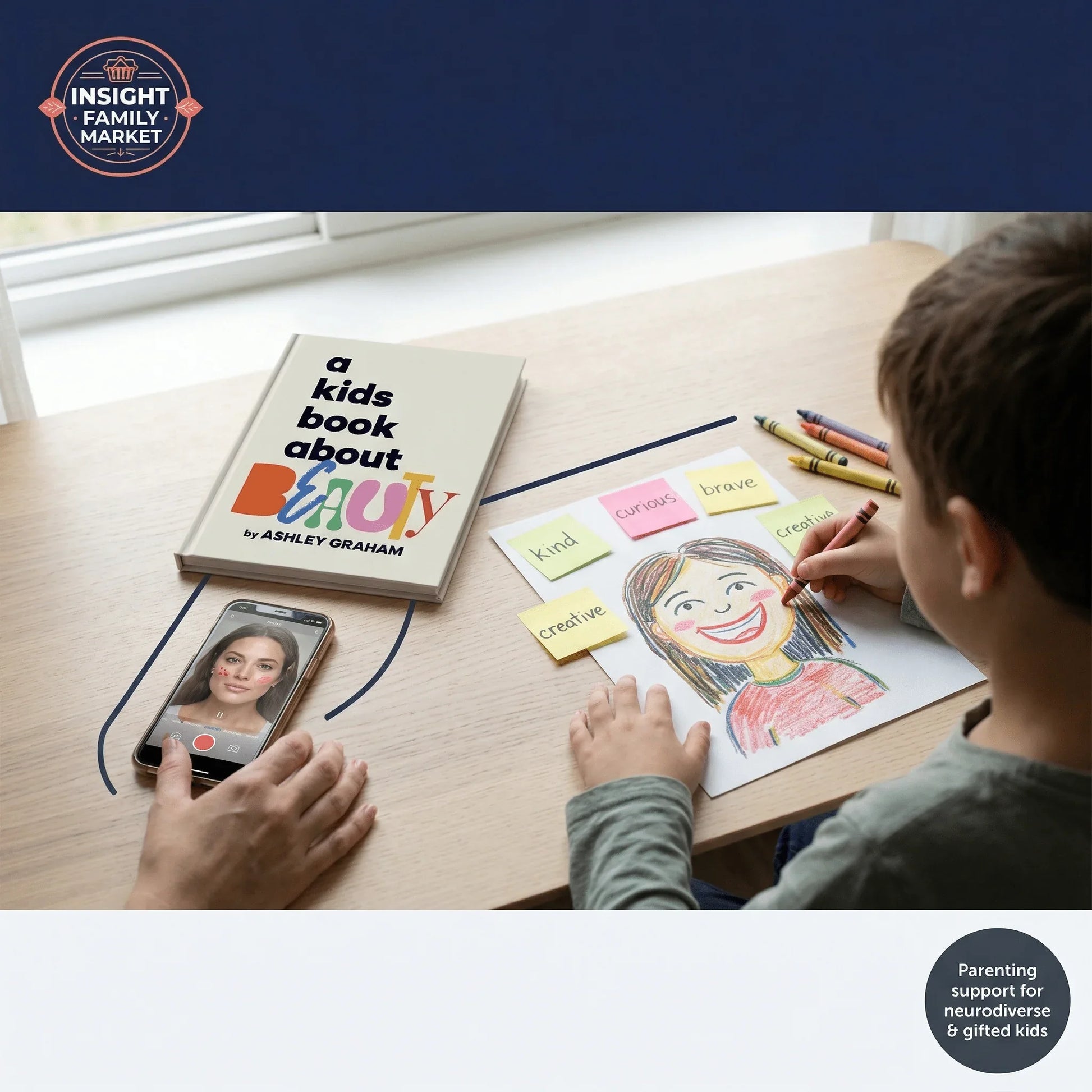 Child drawing a smiling face with positive note cards, book about beauty, and phone video call, supporting neurodiverse and gifted kids.