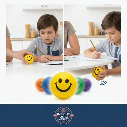 Child using a yellow smiley face sensory stress ball while doing homework at a white table.
