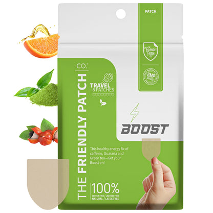 CO2 BOOST The Friendly Patch travel patch in a resealable pouch, shown with two beige patches floating in front and ingredient graphics of orange, green powder, and red berries on a white background.