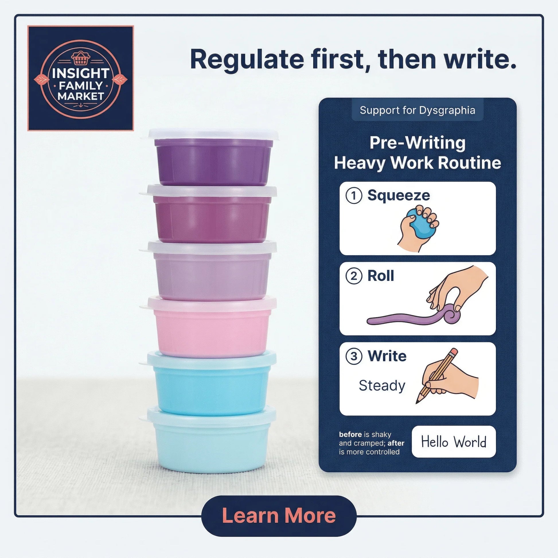 Stacked sensory putty containers with pre-writing heavy work routine for dysgraphia support.