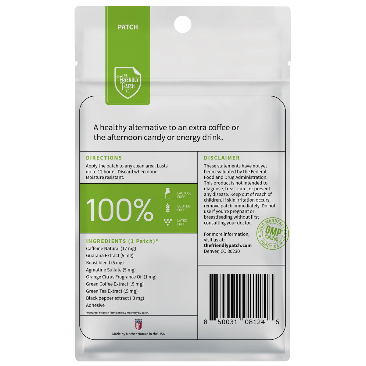Package of a health supplement patch with green and white design on a white background
