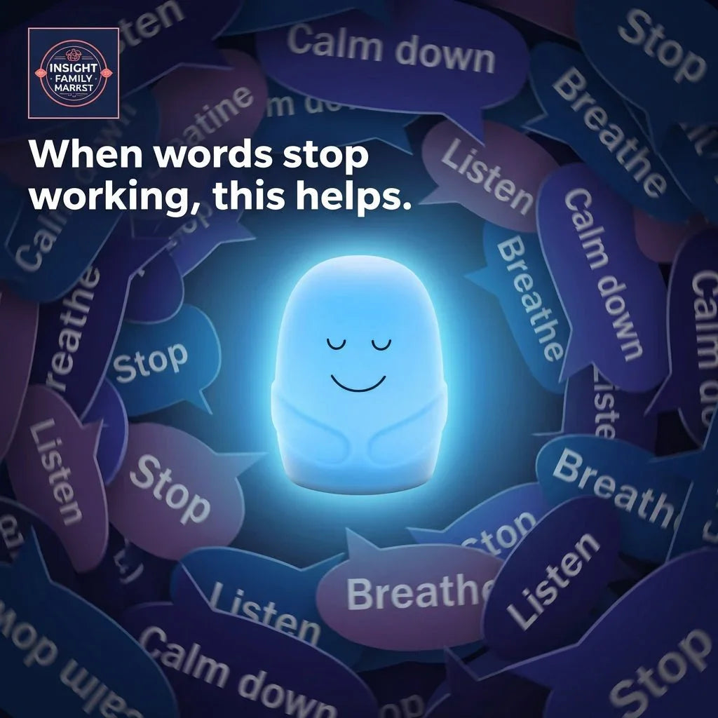Glowing blue sensory calming toy surrounded by speech bubbles with mindfulness words.