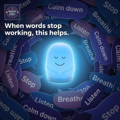 Glowing blue sensory calming toy surrounded by speech bubbles with mindfulness words.