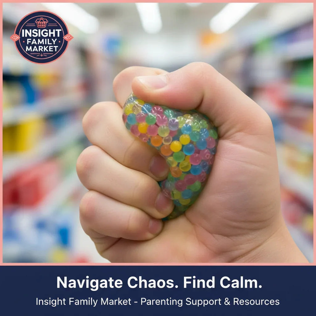 Hand squeezing a colorful sensory stress ball in a store aisle, sensory-friendly support