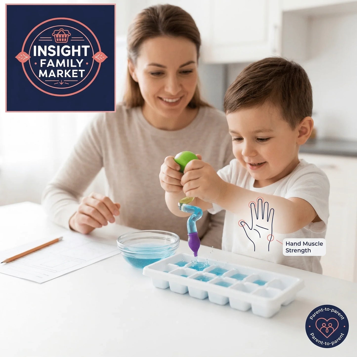 Mother and child practicing hand muscle strength with sensory learning tool in kitchen