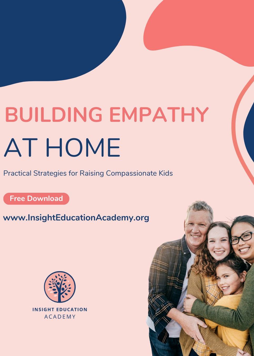Book cover for 'Building Empathy at Home' with a family photo and Insight Education Academy logo.
