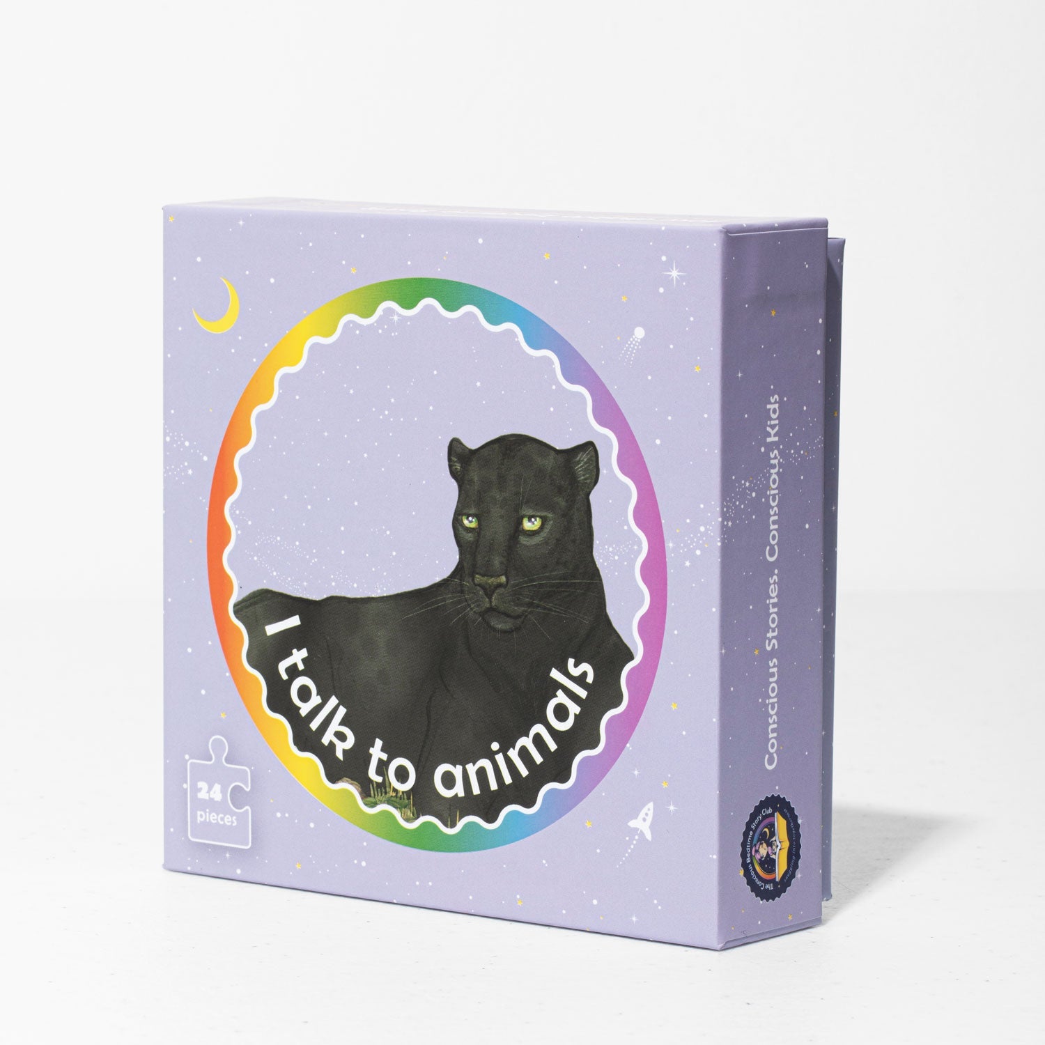 Children's book titled 'I talk to animals' with a black panther illustration on a purple background