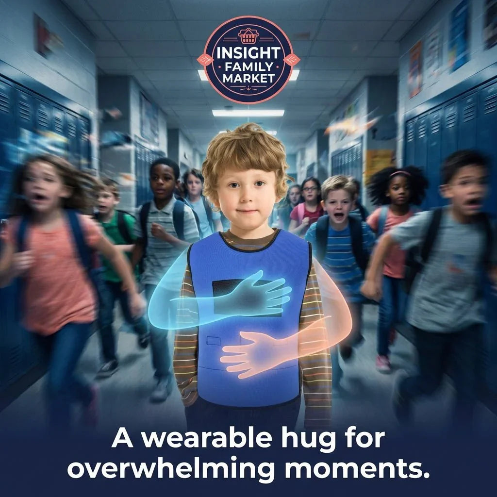 Child in sensory vest with calming effect illustration, surrounded by children in busy school hallway.