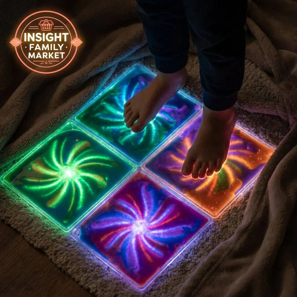 Child's feet on glowing sensory floor tiles with swirling colors, sensory decompression aid