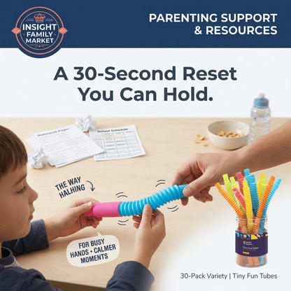 Child holding colorful sensory fidget tube at table with homework and jar of Tiny Fun Tubes.