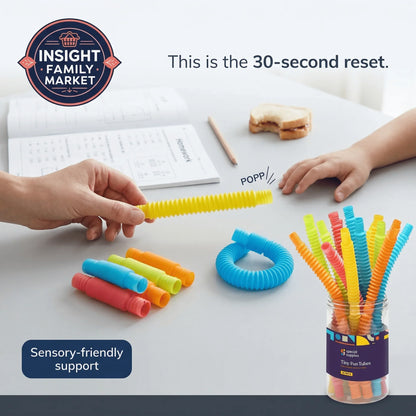 Kids playing with colorful sensory fidget tubes near homework and snacks on a desk