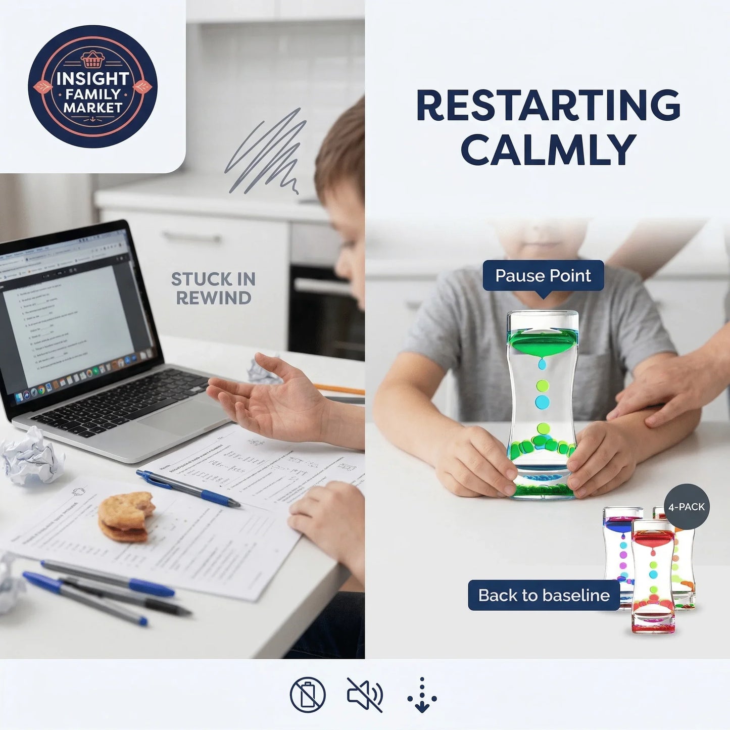 Child struggling with homework, then calmly refocusing using sensory liquid timers for focus support.