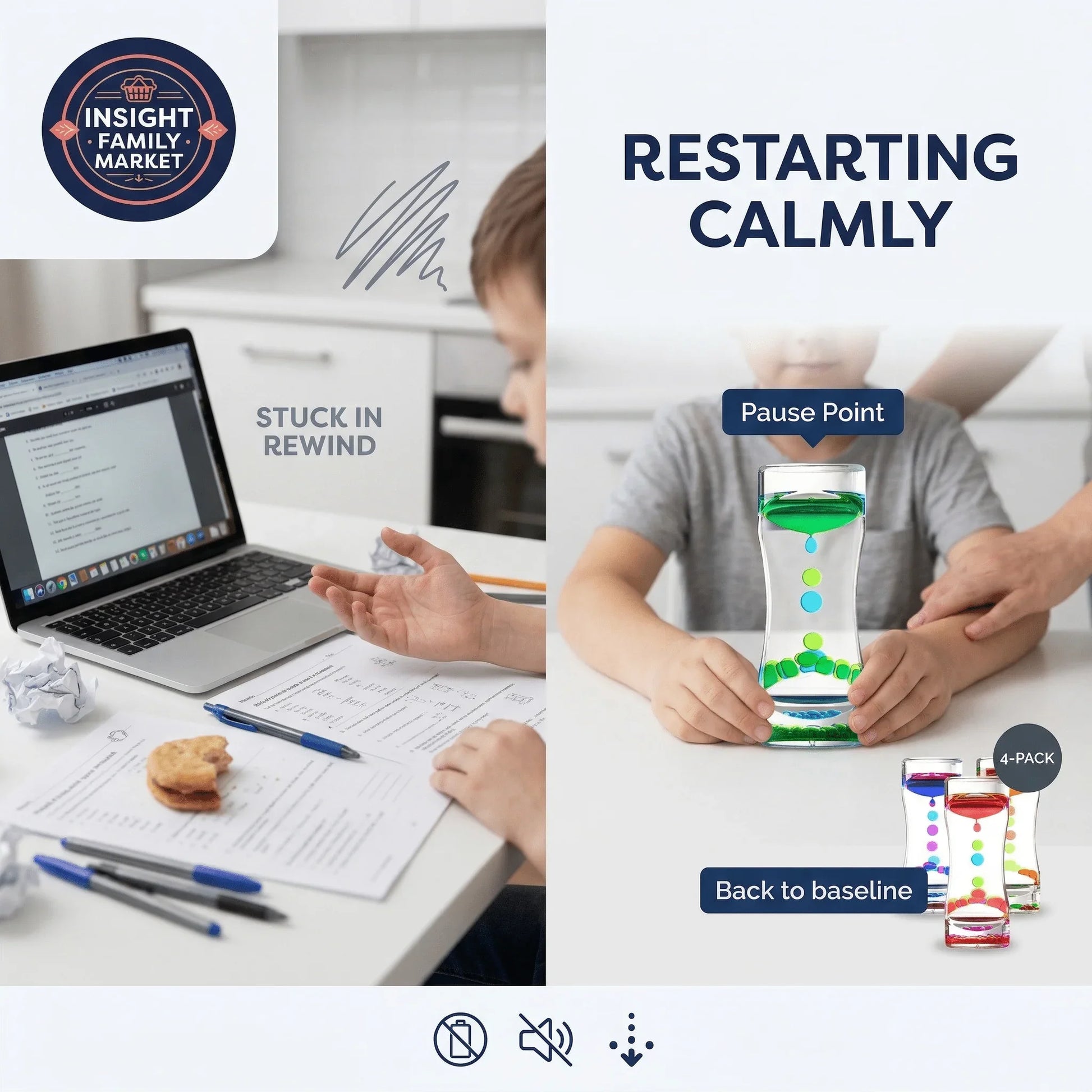 Child struggling with homework, then calmly refocusing using sensory liquid timers for focus support.