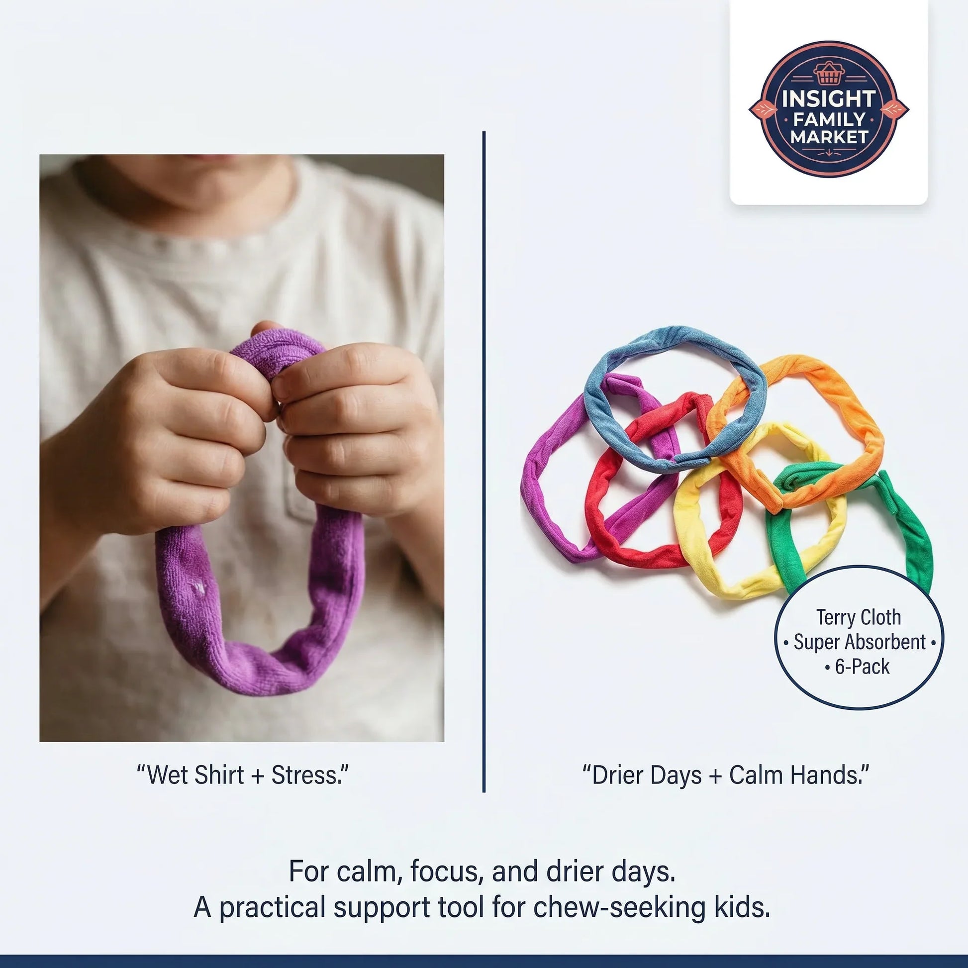 Colorful chew toys for children with text about their benefits and a brand logo.