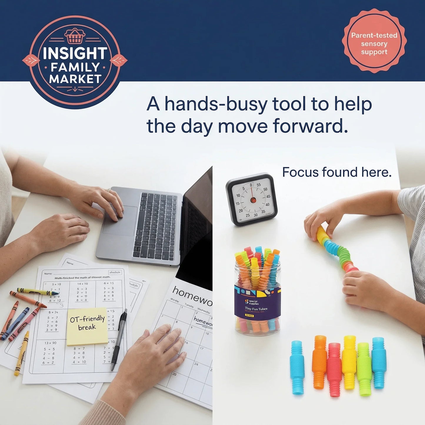 Child using sensory fidget tubes at desk with timer and colorful homework supplies for focus support.