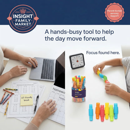 Child using sensory fidget tubes at desk with timer and colorful homework supplies for focus support.