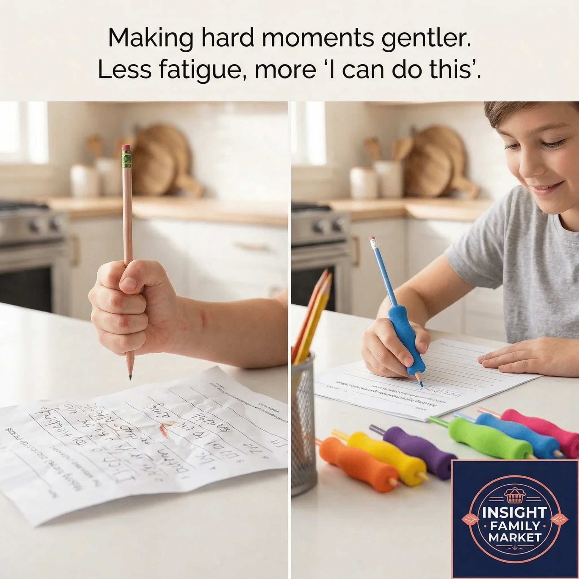 Child using ergonomic pencil grip for comfortable handwriting, sensory-friendly homework tools