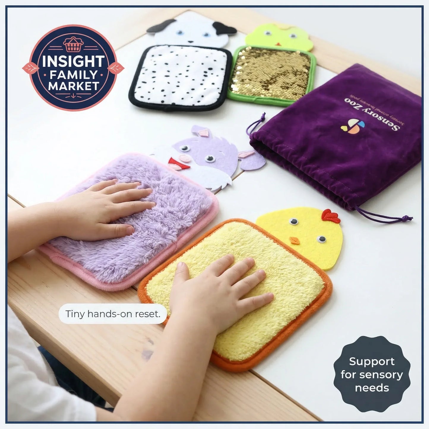 Children's hands interacting with colorful animal-shaped cushions on a wooden surface, with 'Insight Family Market' branding.