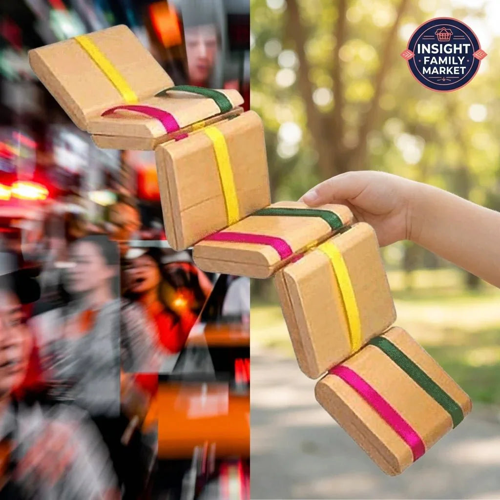 Hand holding a wooden sensory fidget toy outdoors, blurred crowd in background, sensory support