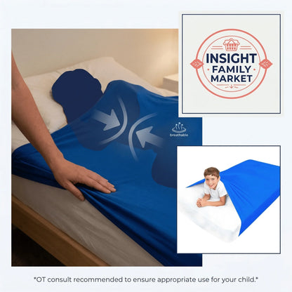Child using blue sensory compression bed sheet for sleep support, breathable design, neurodiverse aid.