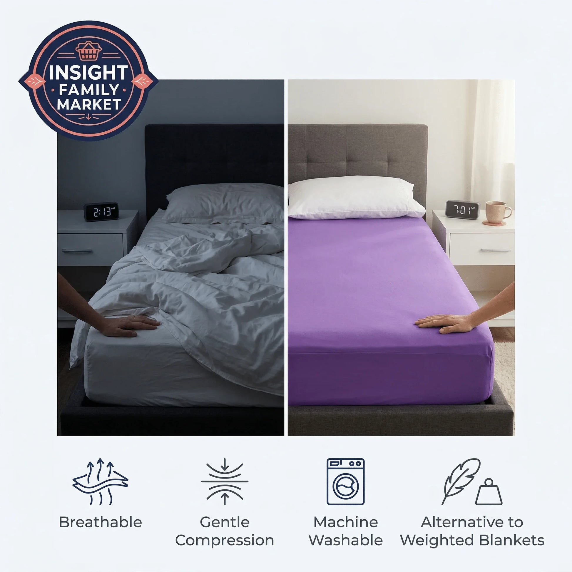 Side-by-side comparison of an unmade bed and a bed with a purple compression sheet, showing breathable, gentle compression sleep aid for neurodiverse children.