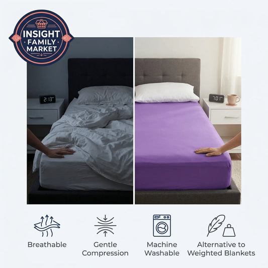 Side-by-side comparison of an unmade bed and a bed with a purple compression sheet, showing breathable, gentle compression sleep aid for neurodiverse children.