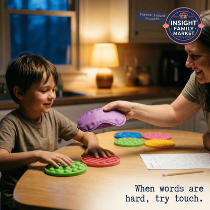 Child and adult playing with sensory fidget pads and a purple eye mask at a kitchen table.