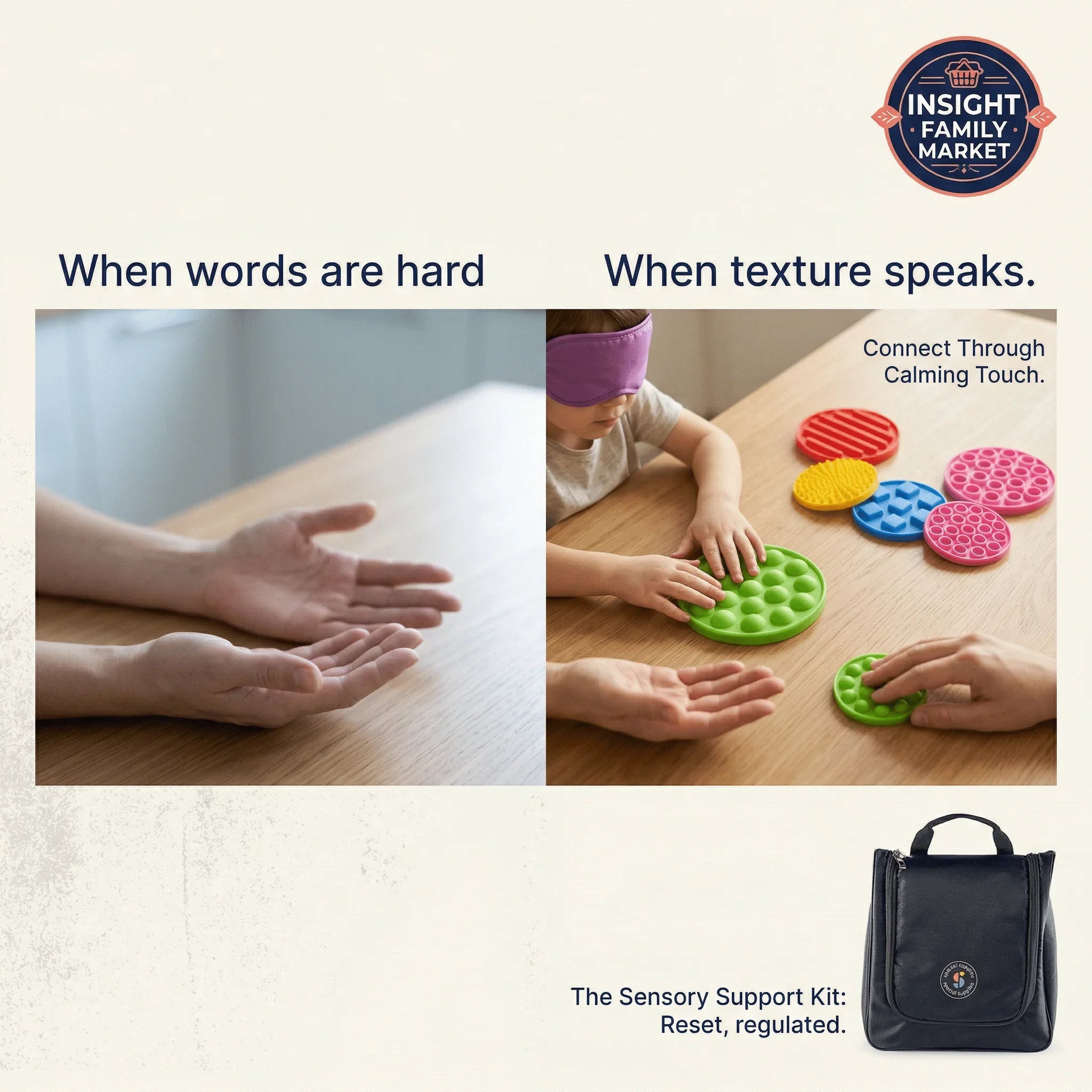 Child and adult hands using sensory fidget toys for calming touch, sensory support kit shown.