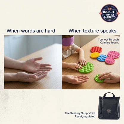 Child and adult hands using sensory fidget toys for calming touch, sensory support kit shown.