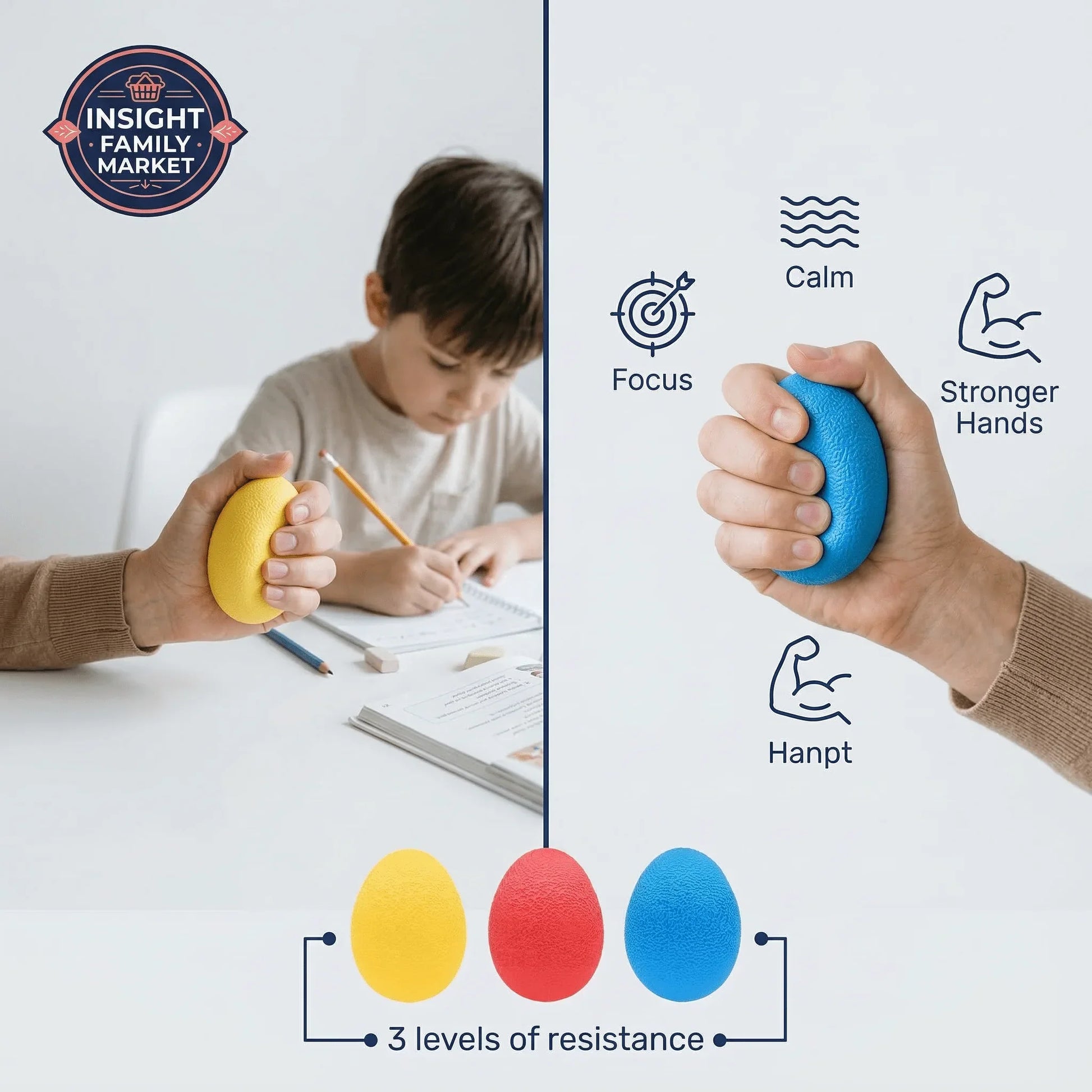 Hand squeezing yellow and blue stress balls, child studying, sensory therapy tools with focus, calm, and hand strength icons, three resistance levels.