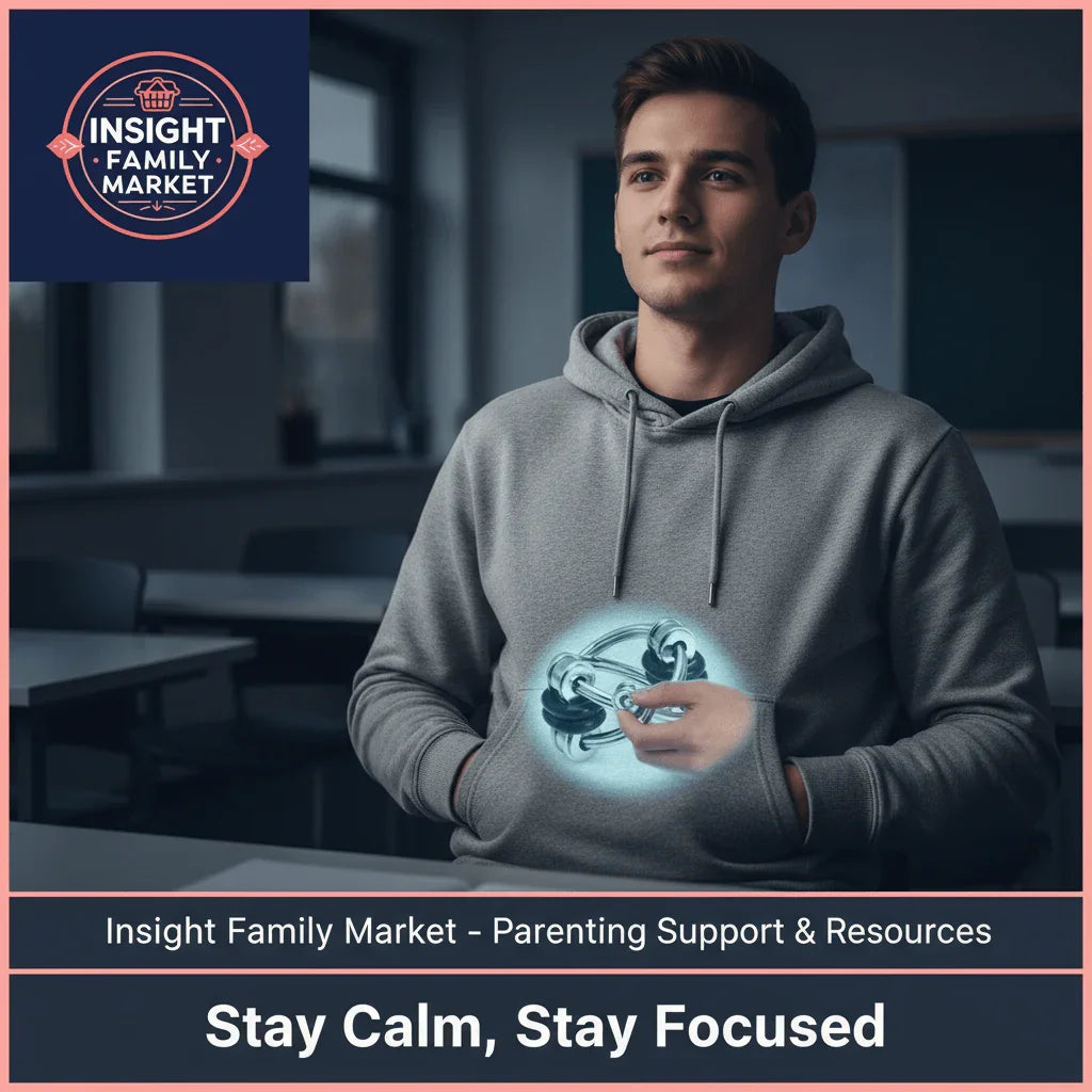 Young man in a grey hoodie holding a sensory toy, promoting calm and focus support.