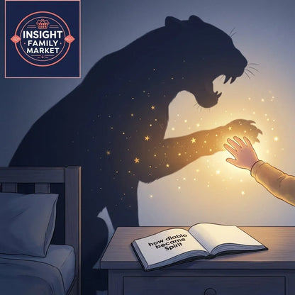 Child reaching toward glowing stars, casting a calming animal shadow near bedtime, open storybook on nightstand