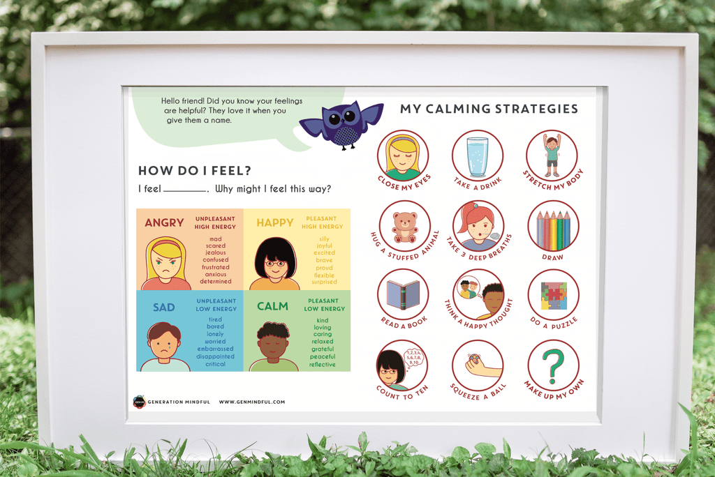 Framed educational poster on calming strategies for children outdoors