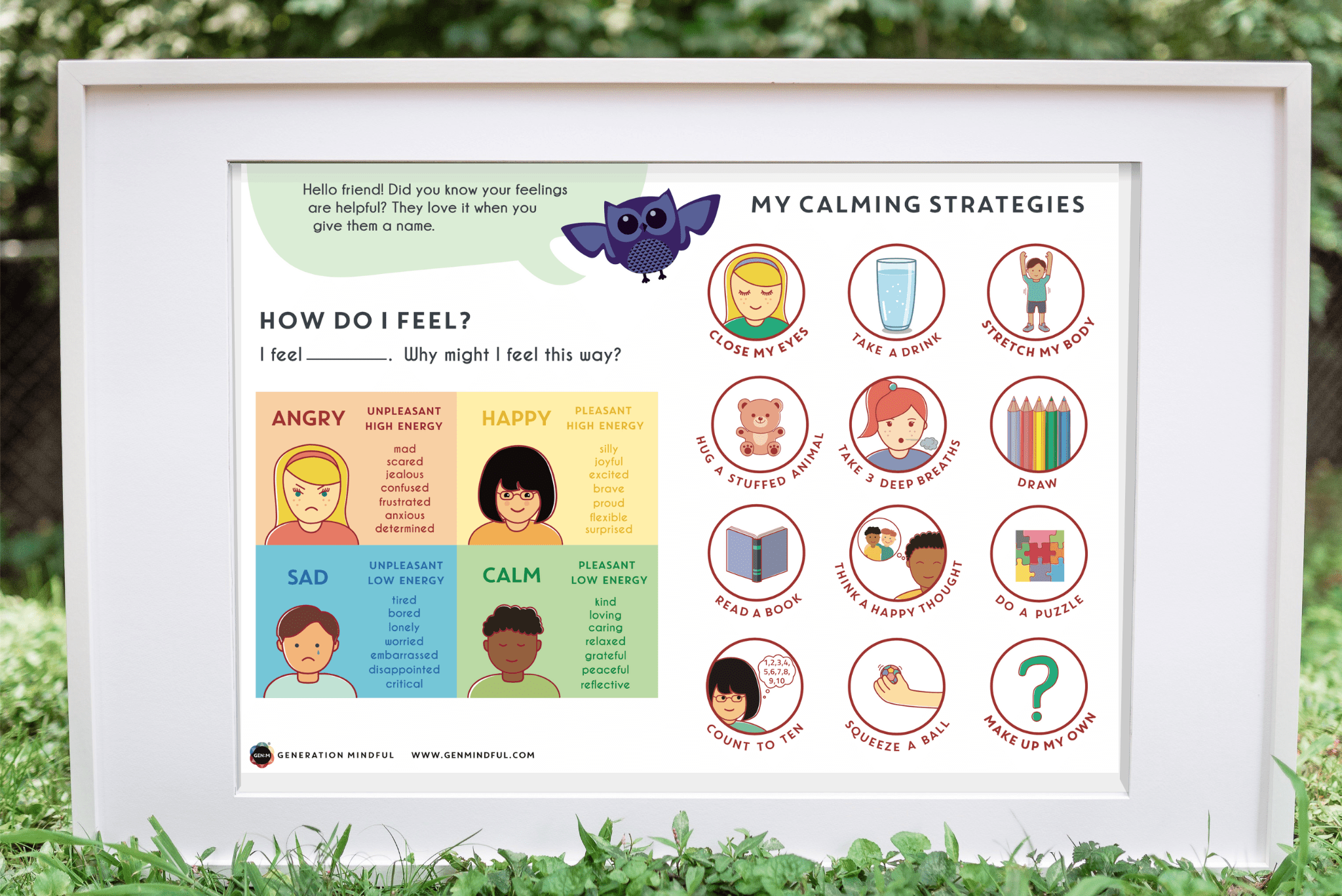 Framed educational poster on calming strategies for children outdoors