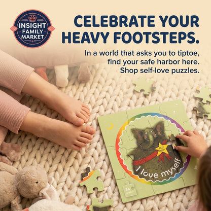 Children playing with a puzzle featuring a dog and 'I love myself' text on a carpeted floor.