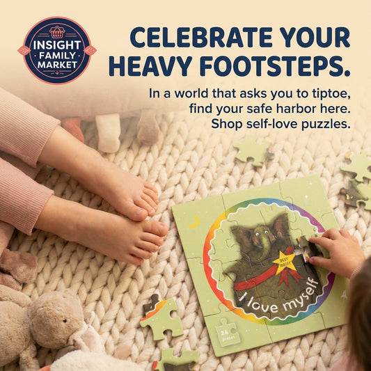 Children playing with a puzzle featuring a dog and 'I love myself' text on a carpeted floor.