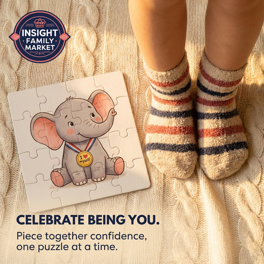 Jigsaw puzzle of an elephant with a child's feet wearing striped socks on a textured surface, featuring Insight Family Market branding.