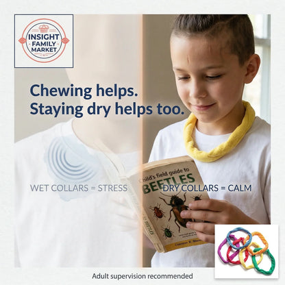 Child reading a book with a yellow neck collar, Insight Family Market logo visible.