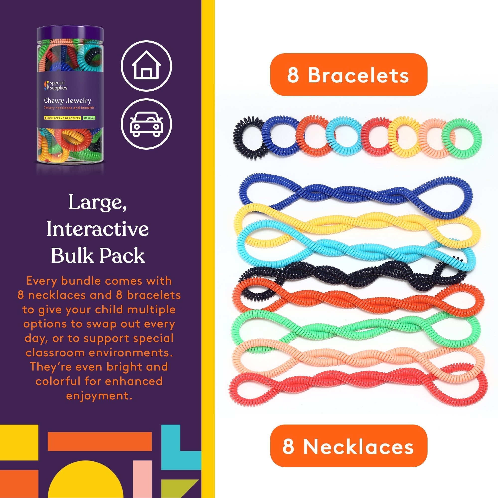 Special Supplies Chewy Jewelry Sensory Necklaces and Bracelets, 16 Pack, Soft and Flexible Silicone, Interactive Stress and Anxiety Relief for Kids, Supports ADD, ADHD, Autism - Insight Family Market