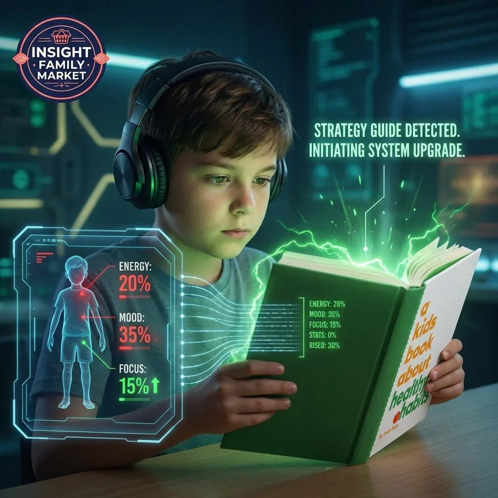 Focused child with headphones reads a book about healthy habits, surrounded by digital health stats.