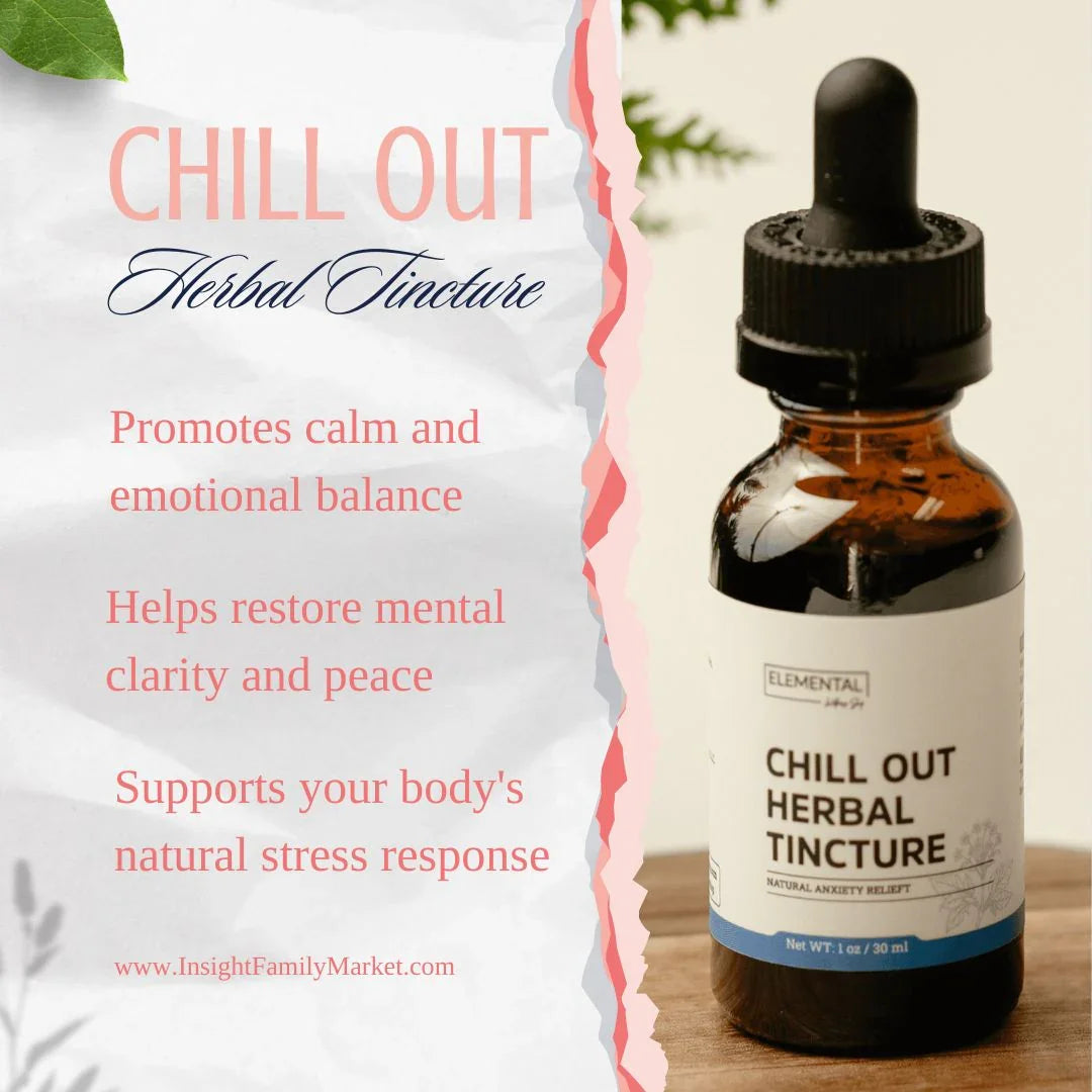 Chill Out herbal tincture bottle with dropper, promoting calm, clarity, and stress relief