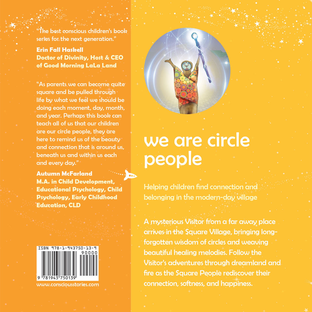 Book back cover with text and a circular illustration of a person with colorful hair on a yellow background.