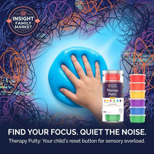 Child's hand pressing blue therapy putty, sensory overload relief, colorful putty containers.