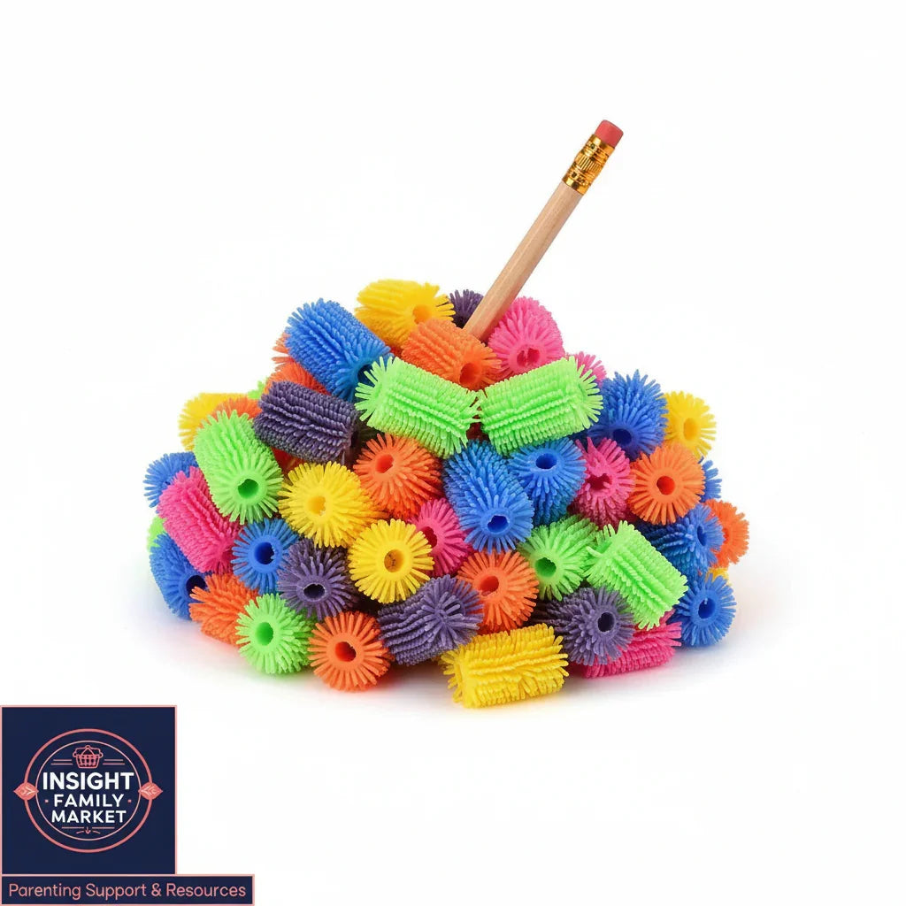 Pile of colorful sensory pencil grips with a pencil, ideal for sensory-friendly learning support.