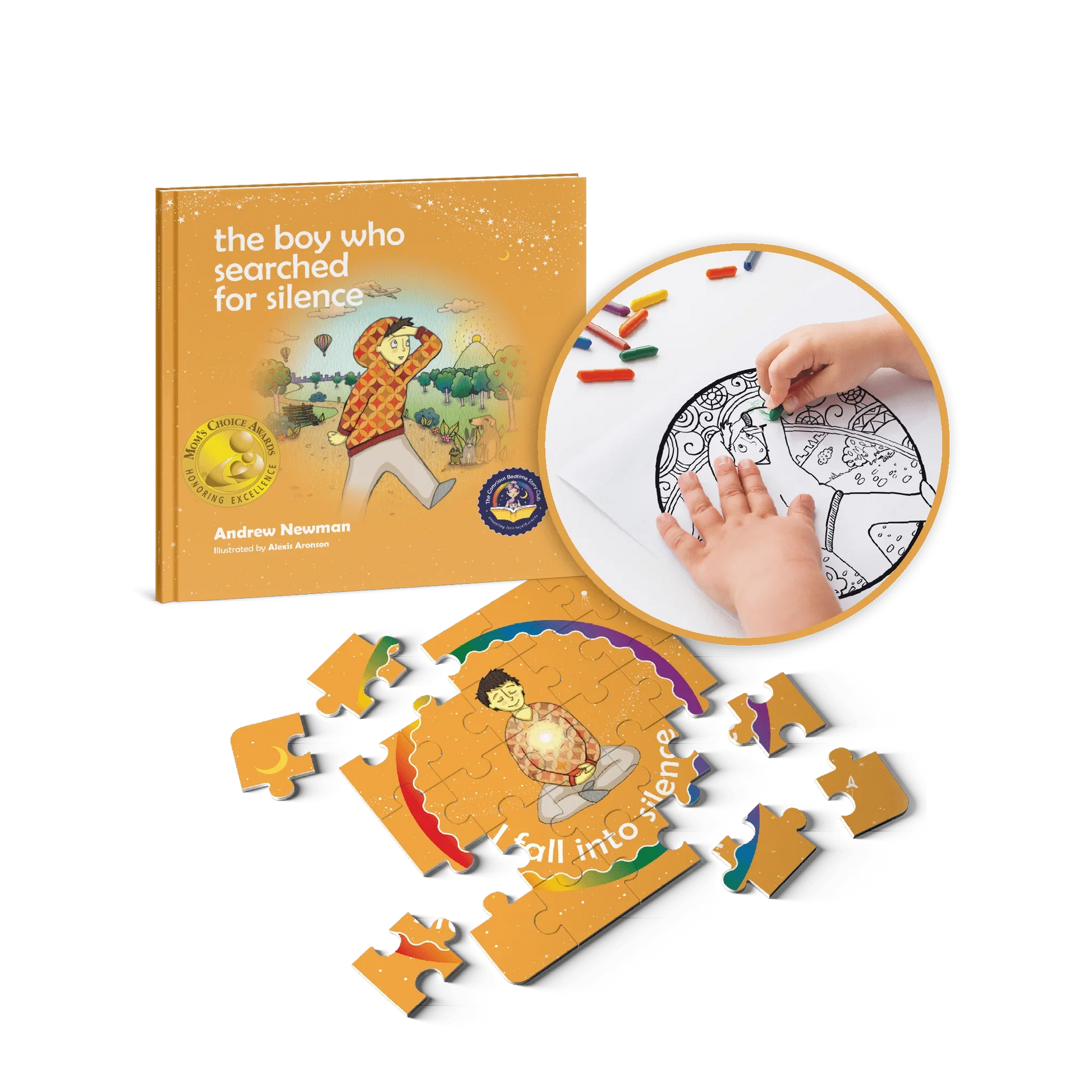 Children's mindfulness activity set with 'The Boy Who Searched for Silence' book, puzzle, and coloring page.